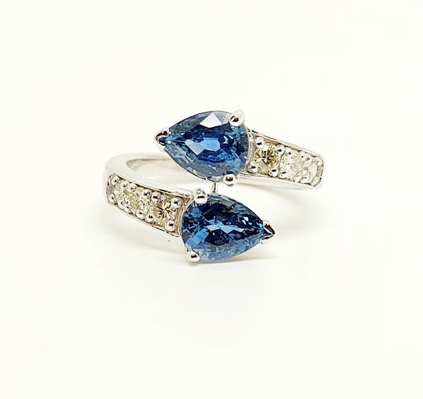 Blue Sapphire  And Diamond Two Stone Ring In 14k White Gold