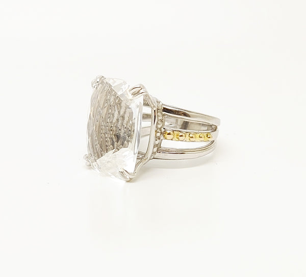 Designer White Crystal Ring In Silver And 14k Yellow Gold