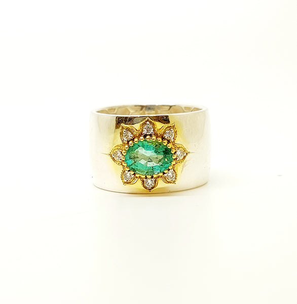 Emerald and Diamond Sunflower Ring
