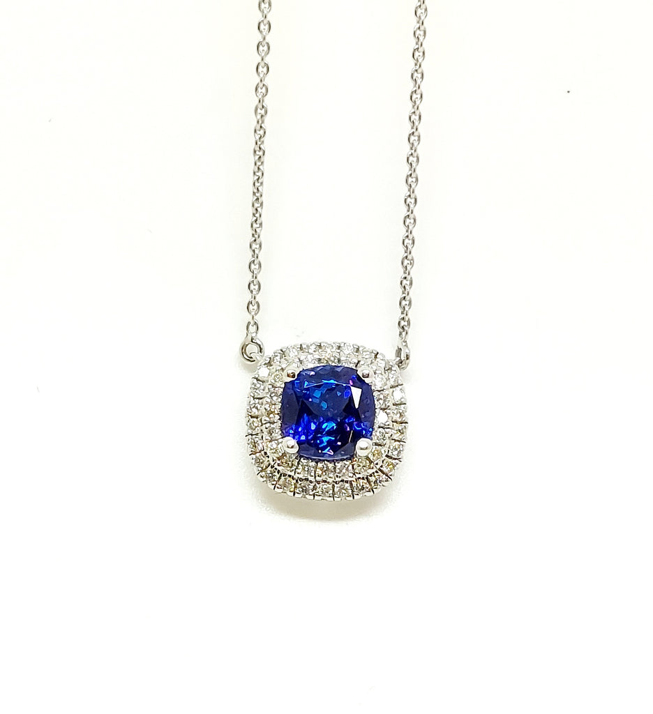 Tanzanite And Diamond  Double Halo Necklace In 14k White Gold