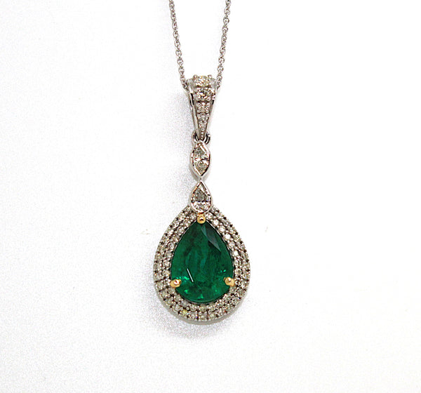 Emerald and Diamond Double Halo Pendant in 14k White Gold Ad no. 2859