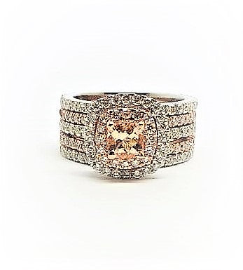 Morganite Ring with Double Diamond Halo and Jacket Band in 14k Rose Gold