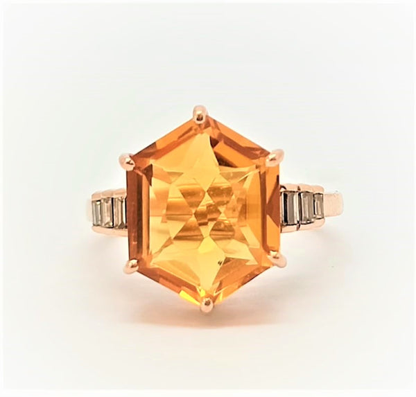 CITRINE AND DIAMOND BAGUETTE RING IN 14K ROSE GOLD AD NO.2120