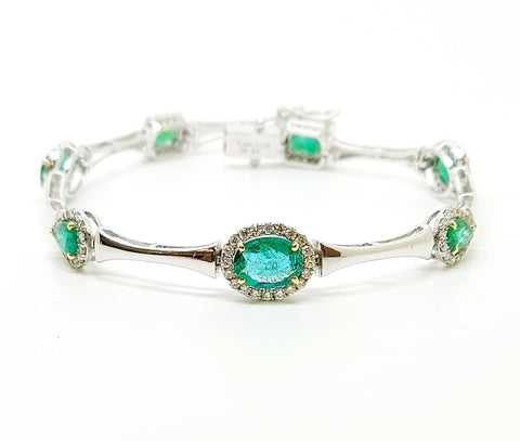 Emerald And Diamond Halo Stations Bracelet In 14k White Gold AD NO: 1954