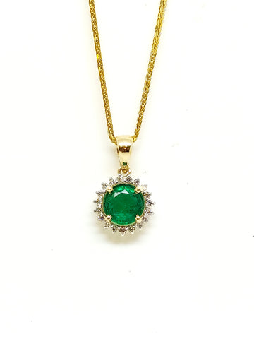 Emerald And Diamond Halo Pendant In 14k Yellow Gold