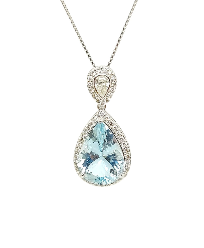 Aquamarine and Diamond Halo Drop Pendant in 14k White Gold( AD NO. 2904)