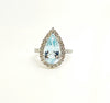 Pear Cut Aquamarine and Diamond Halo Cocktail Ring in 14k White Gold