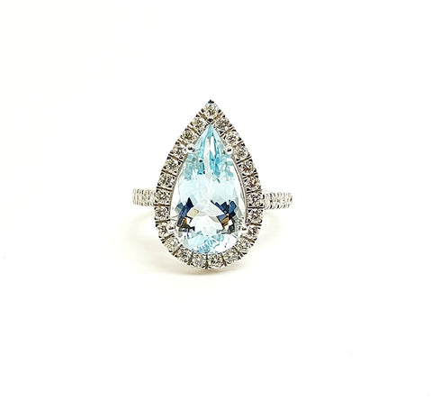 Pear Cut Aquamarine and Diamond Halo Cocktail Ring in 14k White Gold