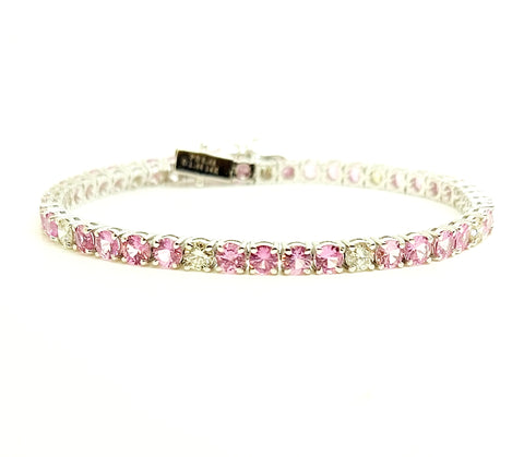 Round Diamond and Pink Sapphire Tennis Bracelet in 14k White Gold