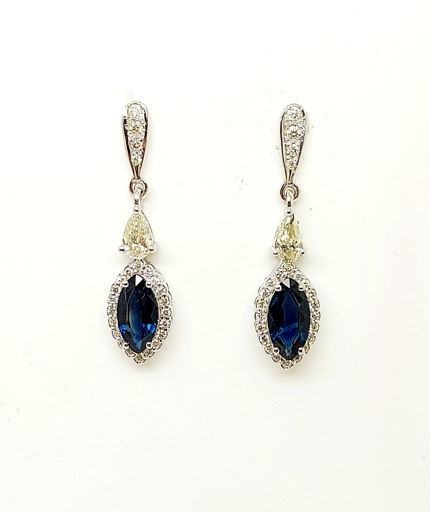 Blue Sapphire and Diamond Halo Drop Earrings in 14k White Gold