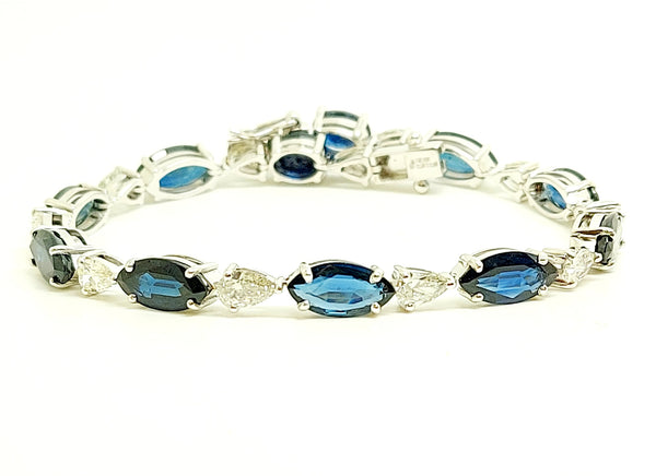 Marquise Blue Sapphire and Pear Shape Diamond Bracelet in 14k White Gold