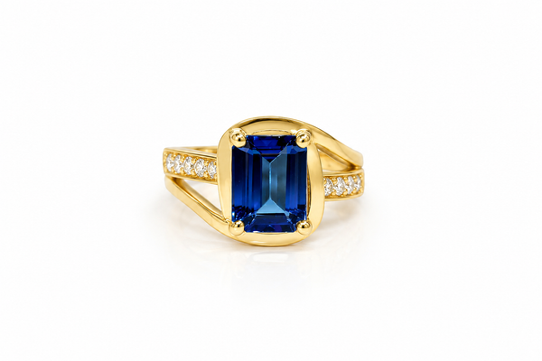 14K Yellow Gold Emerald-Cut Tanzanite and Diamond Split-Shank Cocktail Ring