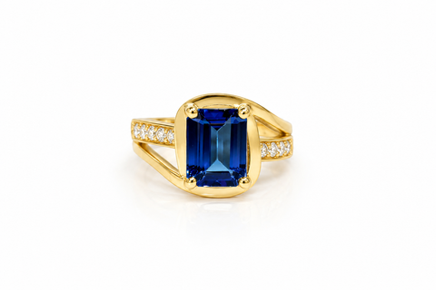 14K Yellow Gold Emerald-Cut Tanzanite and Diamond Split-Shank Cocktail Ring