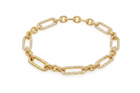 Modern Style 14K Yellow Gold Twisted Rope & Diamond Paperclip Bracelet