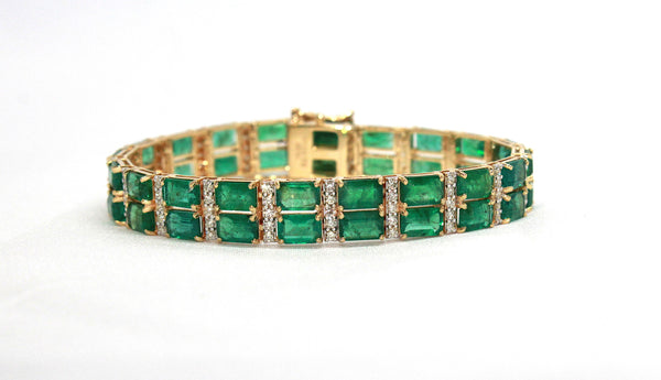 Two Row Emerald and Diamond Tennis Bracelet in 14K Yellow Gold Ad No. 4036