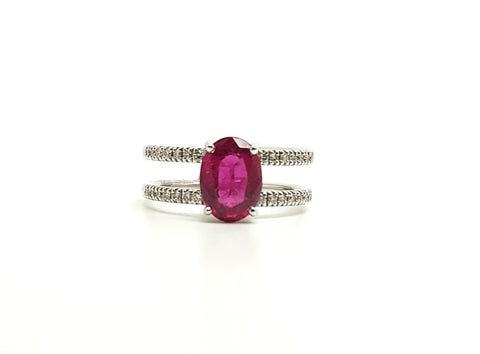 Oval Rubelite  and Diamond Split Shank Ring in 14k White Gold